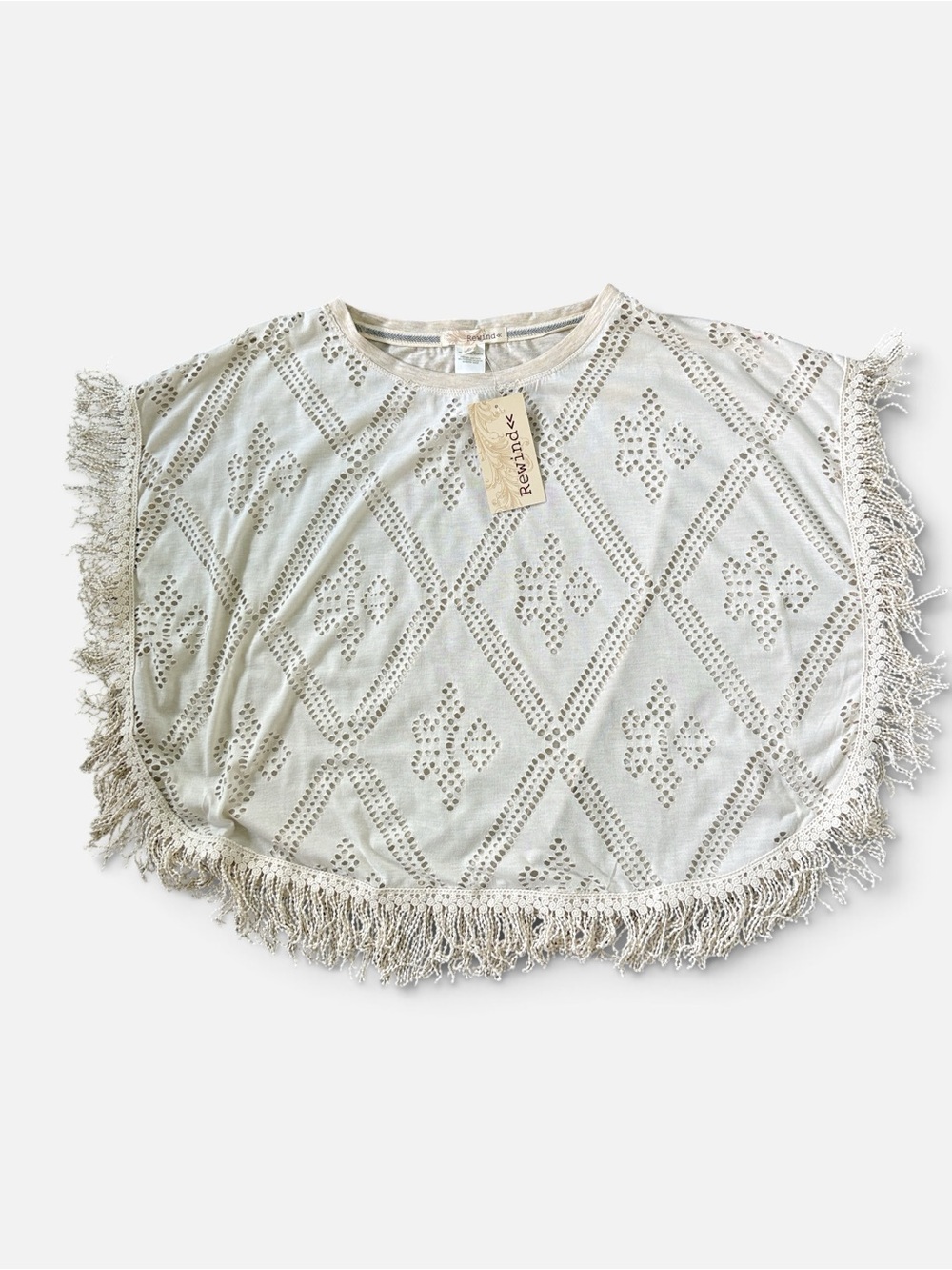 Rewind Cream Crochet Fringe Poncho Top